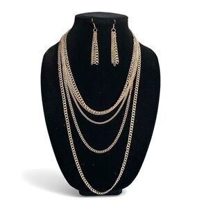 NEW 5 strand chain necklace + multi chain earrings SET, gold tone metal